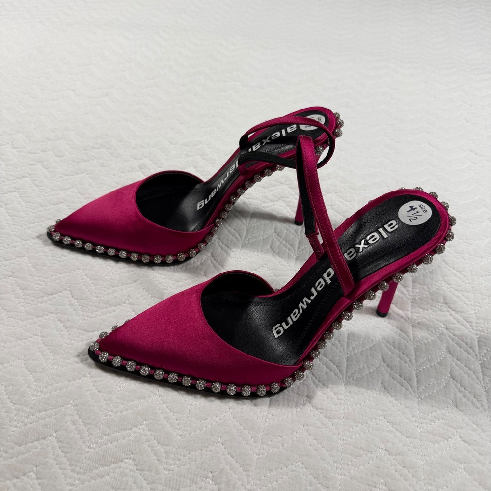 Alexander Wang Pink Satin Rhinestone Slingback Pointed Toe Heels Sz 35 EU US 4.5